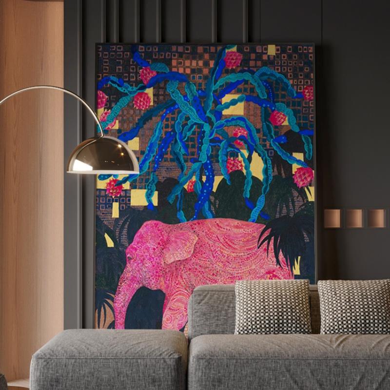 现代中古风大象动物高级感南洋风客厅玄关装饰画背景墙壁画挂画图片