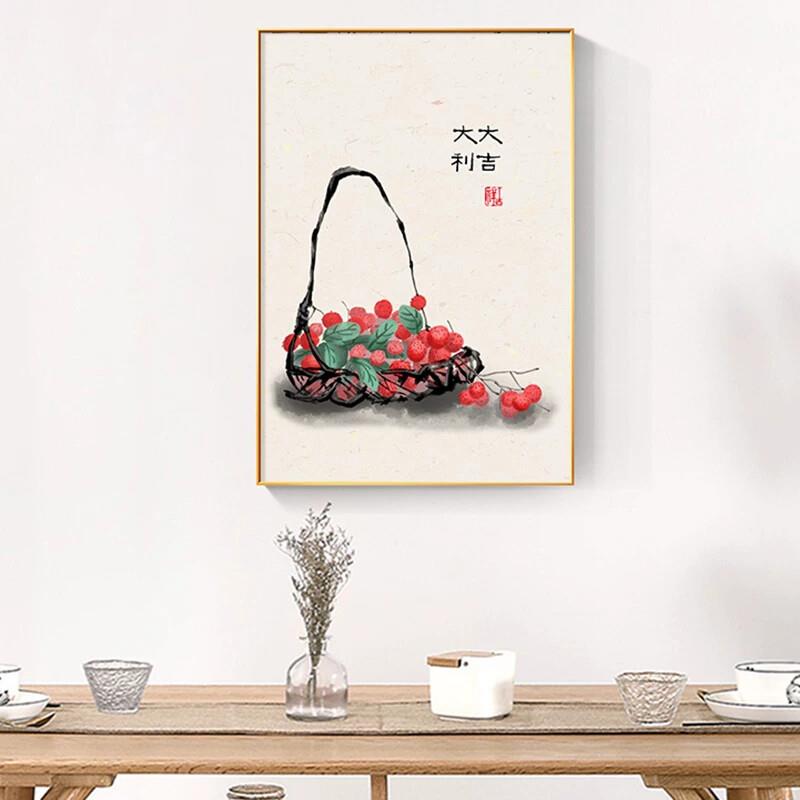 柿子事事如意石榴荔枝水果装饰画餐厅厨房挂画卧室办公室民俗壁画