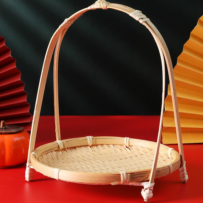 结婚订婚竹编小提篮圆形茶点心水果篮子糕点托盘小竹编篮满月百天