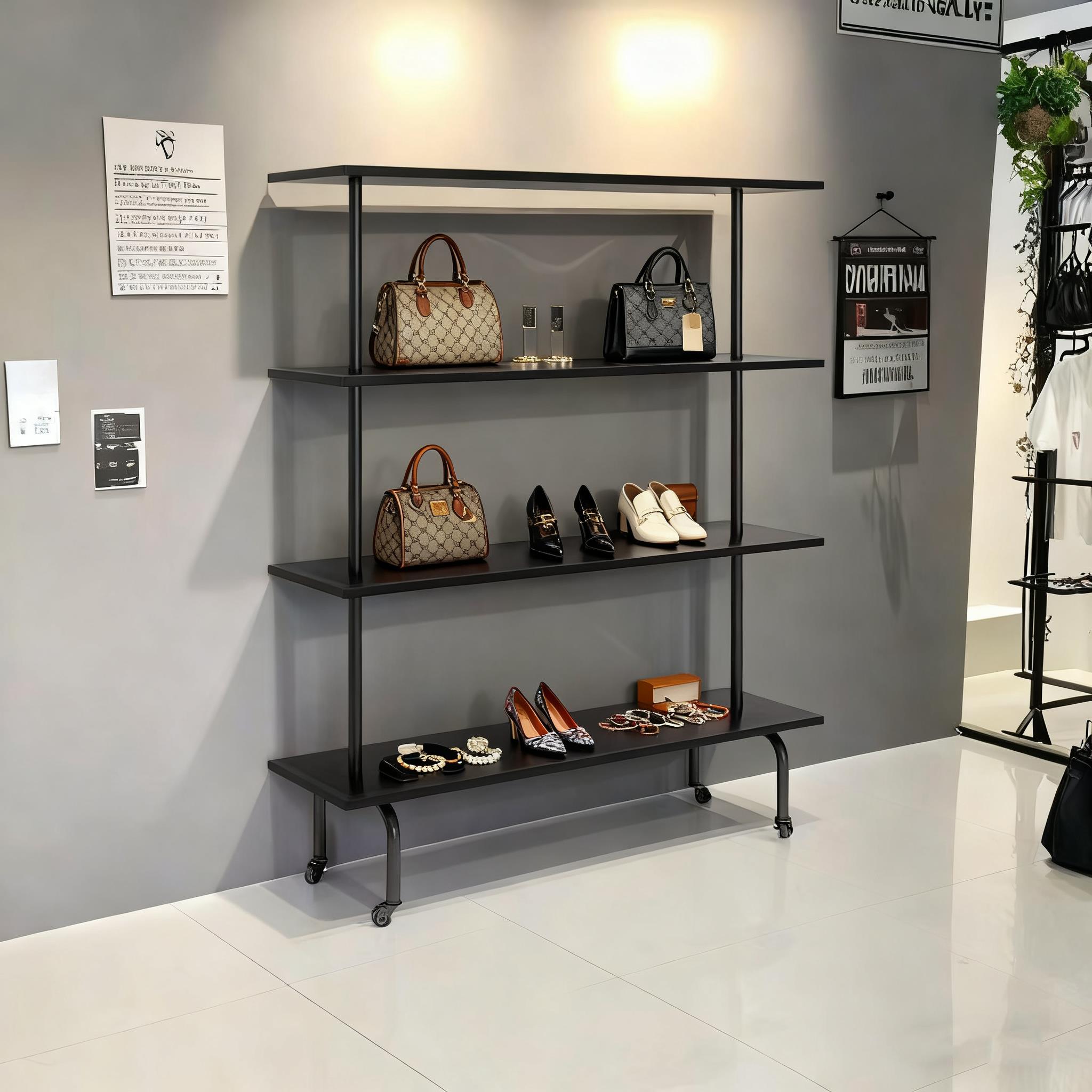 网红鞋包包店多层落地展示架可移动黑色包包饰品服装首饰置物货架