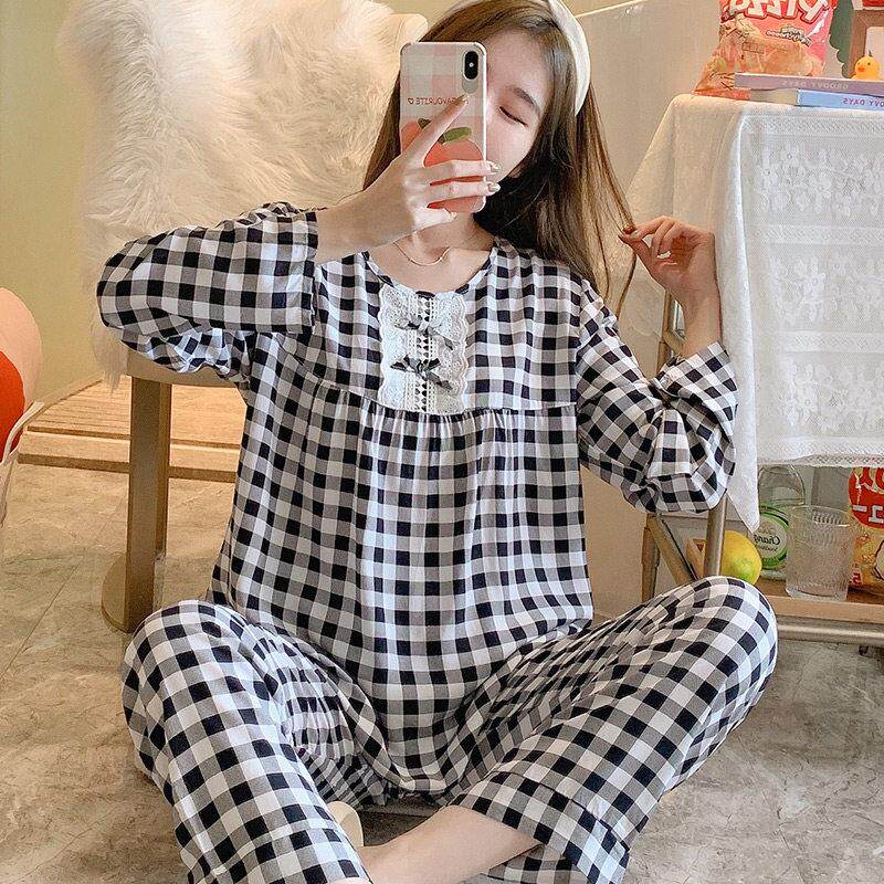 棉绸睡衣女春秋季薄款月子服家居服日系格子可外穿大尺码绵绸套装