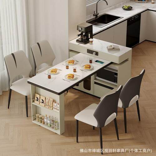 岩板奶油岛台餐桌一体多功能实木小户型家用简约旋转伸缩吧台中岛