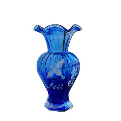 手工花瓣口大肚手绘花鸟芬顿花瓶水养蓝色琉璃插花器家居装饰摆件