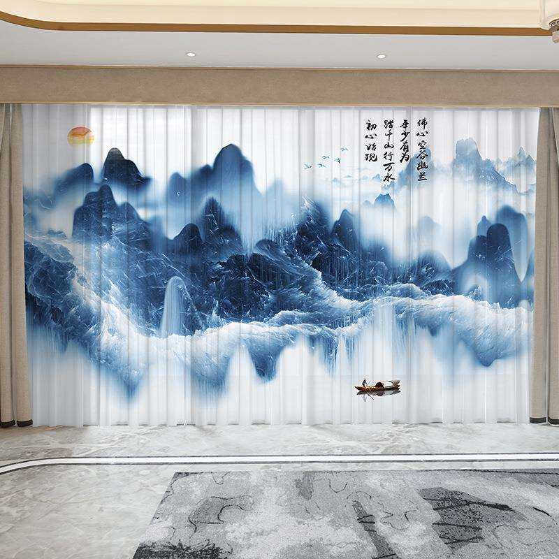 新中式水墨山水画办公室会议室客厅窗户纱帘夏季阳台防蚊虫纱窗帘
