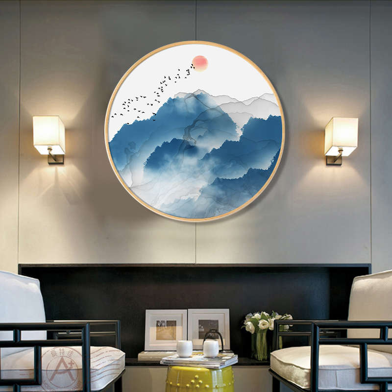 新中式装饰画水墨山水风景圆形画实木框客厅餐厅卧室古典时尚挂画图片