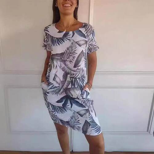 Women's round neck short sleeved printed dress, women's