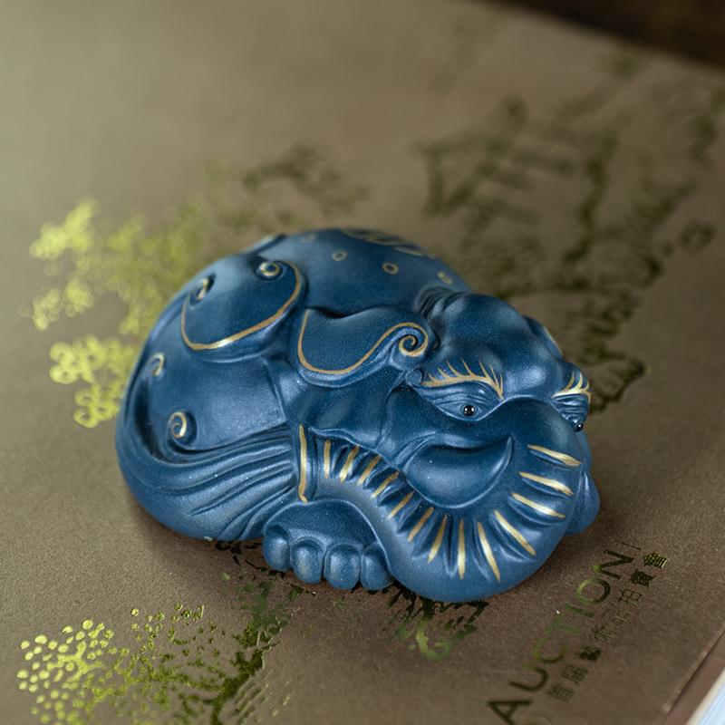 宜兴原矿紫砂茶宠象吉祥如意描金墨绿泥大象雕塑茶具摆件可养茶道