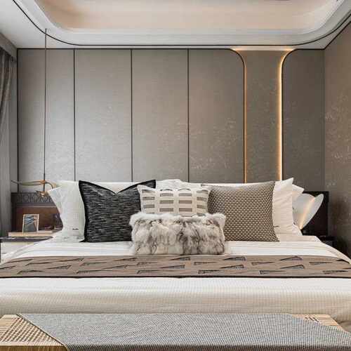 咖色麂皮绒床旗酒店民宿床尾巾抱枕组合现代轻奢样板间搭毯靠枕套