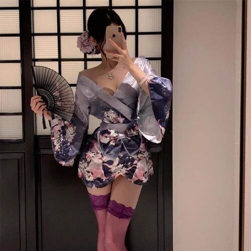 万圣节日式和服性感蹦迪女装V领蝴蝶结cos制服花间紫色辣妹连衣裙