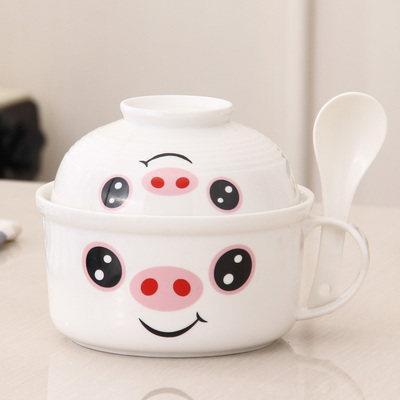 有带盖碗便当盒瓷器的饭盒带把微波炉加热陶瓷碗手柄密封汤碗保鲜