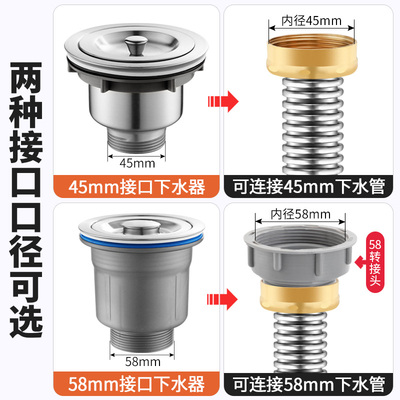 厨房不锈钢下水管配件45mm洗菜盆58mm接口大口径防臭洗碗池排水管