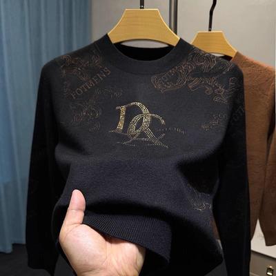 品牌烫钻圆领毛衣t恤男长袖春秋季内搭打底衫男薄款针织潮牌线衣