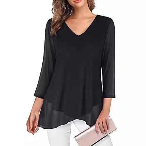 shirt formal sleeve lace top hem three-quarter mesh Womens