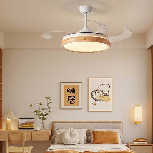 现代简约北欧原木风扇灯新中式餐厅隐形电扇吊灯禅意静音客厅家用