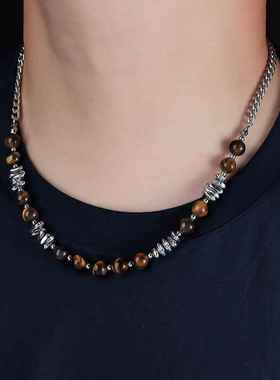 2026虎眼石串珠项链男复古设计高级个性百搭毛衣链女时尚潮流饰品