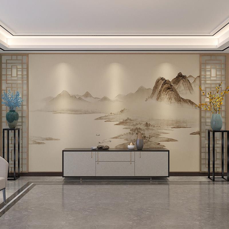 新中式竹木纤维背景墙板客厅沙发水墨山水护墙扣板意境国画碳晶板