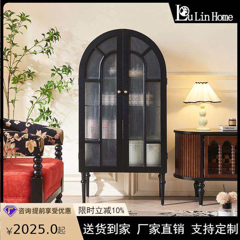 法式复古拱形实木玻璃边柜家用客厅靠墙拱形展示柜储物一体餐边柜