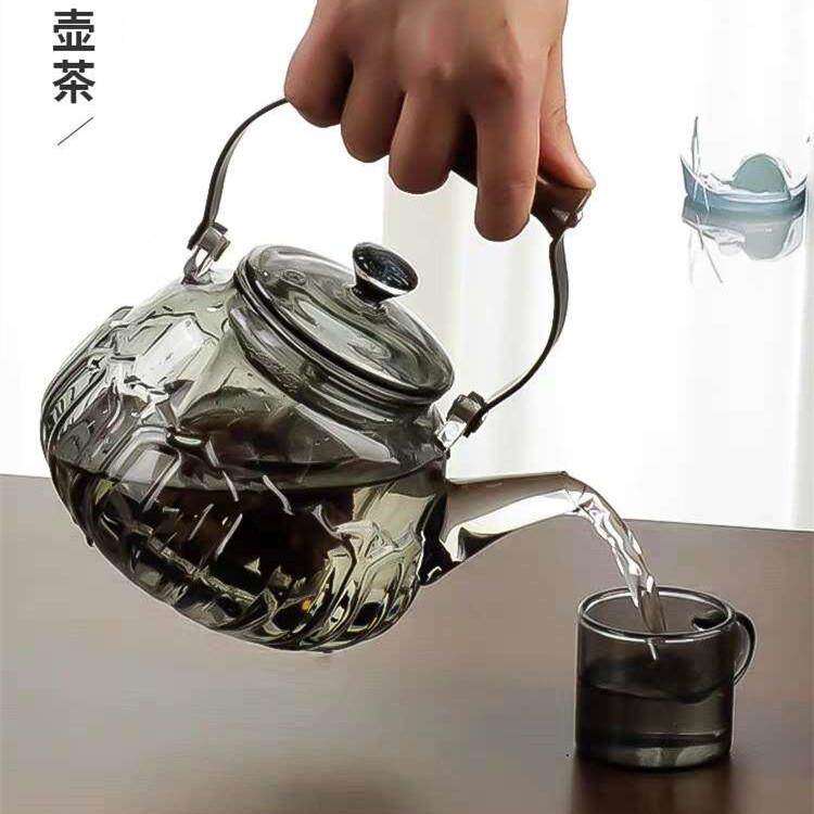 直销新款高颜值大容量透黑玻璃莲花提梁壶电陶炉烧水煮茶壶铜木把