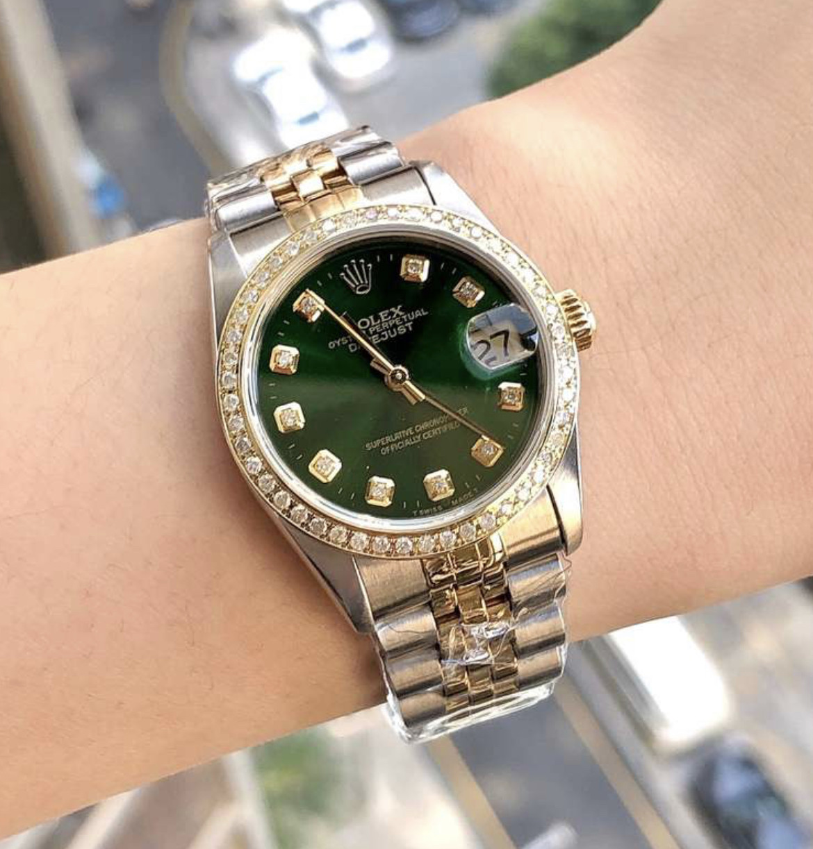 98新31mm劳力士日志型绿盘后镶钻18k黄金68273自动机械女手表正品