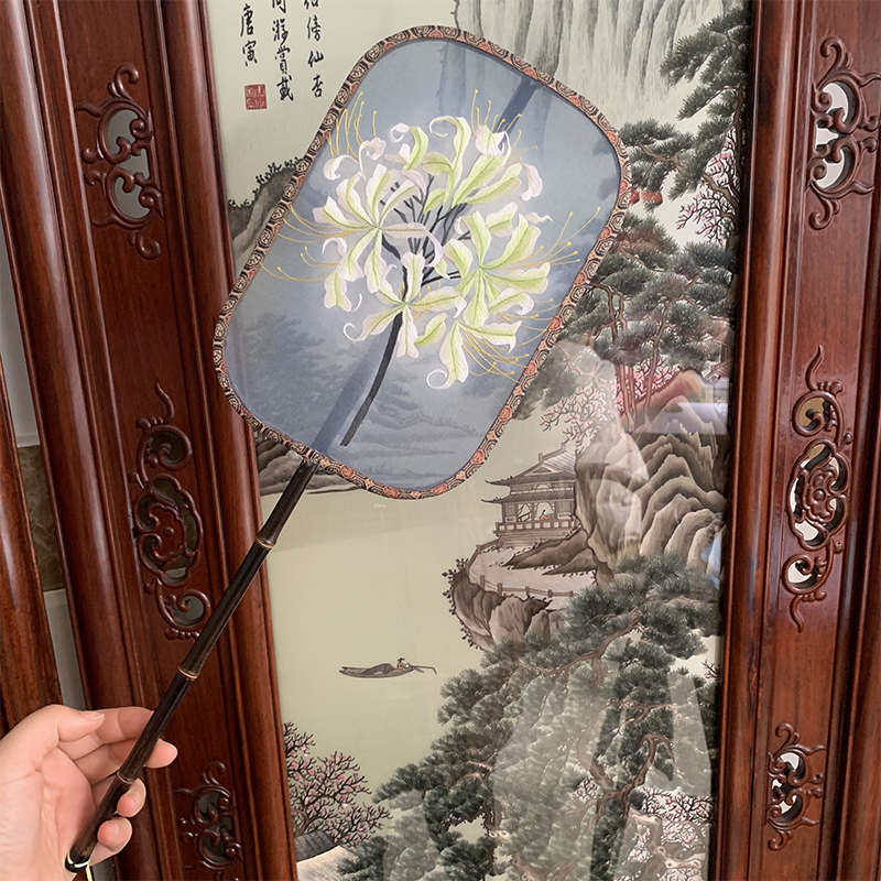 加长蜀扇结婚扇子湘绣苏绣礼湘妃老外刺双面婚古典团送柄手工品