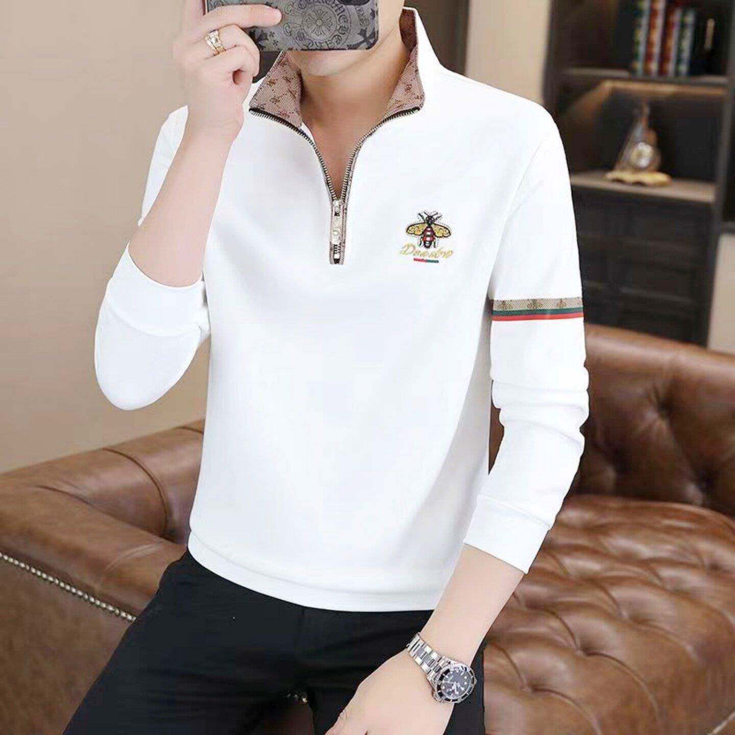 半拉链男士卫衣春秋季纯棉休闲小蜜蜂刺绣潮流立领长袖t恤男薄款