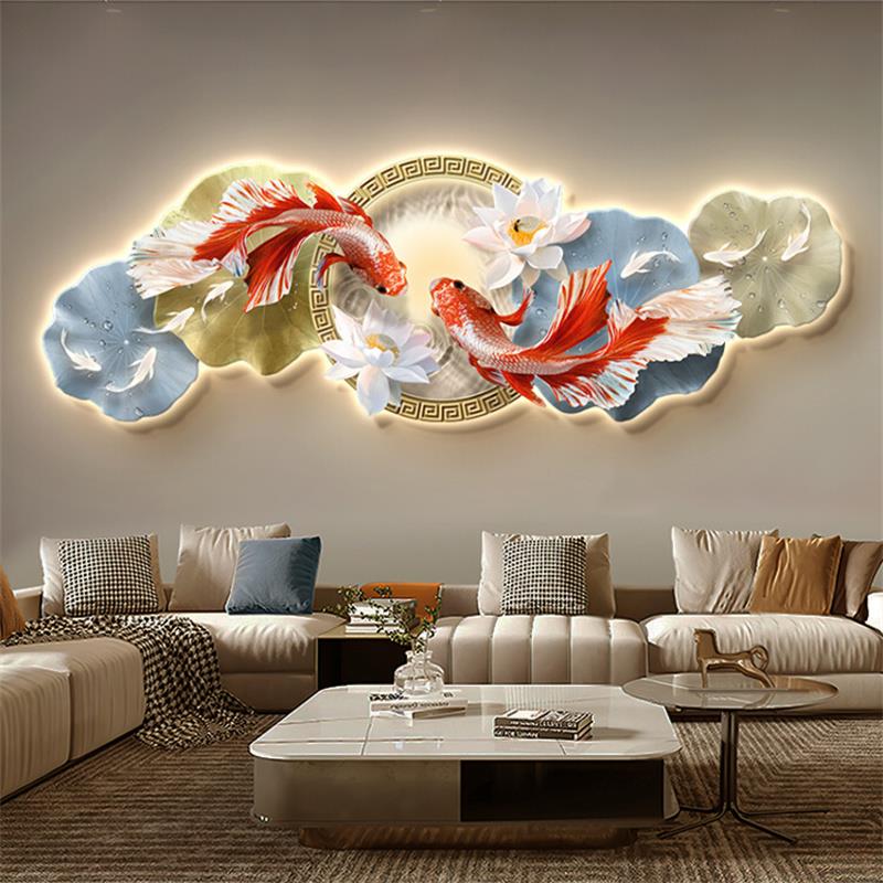 九鱼图客厅装饰画LED灯轻奢高级感沙发背景墙壁画创意荷花图挂画图片