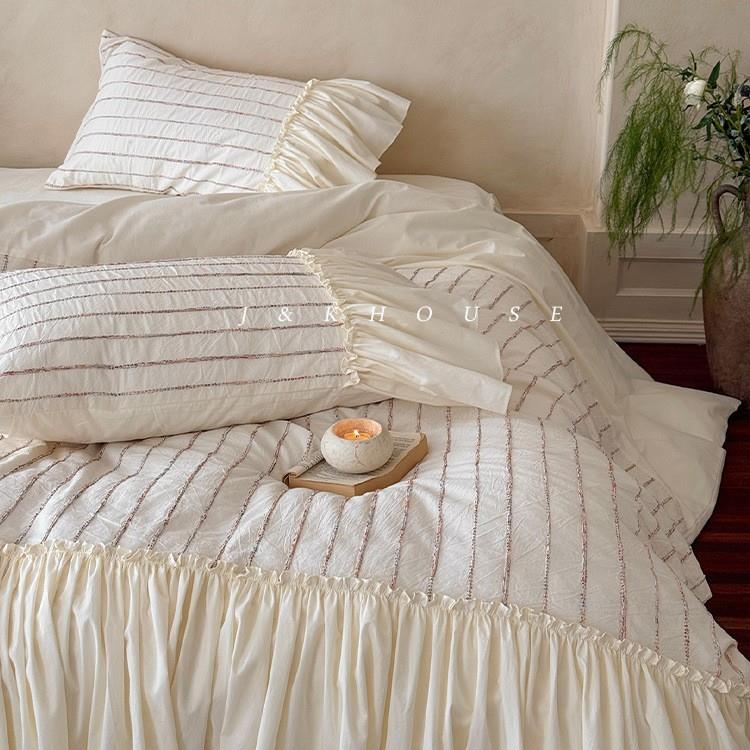 Girlish|法式少女全棉水洗棉四件套纯棉床裙花边条纹被套床上用品