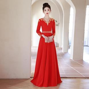高档重工钉晚礼服女高感端级庄大气长袖 红色珠晚会朗诵服独唱演出