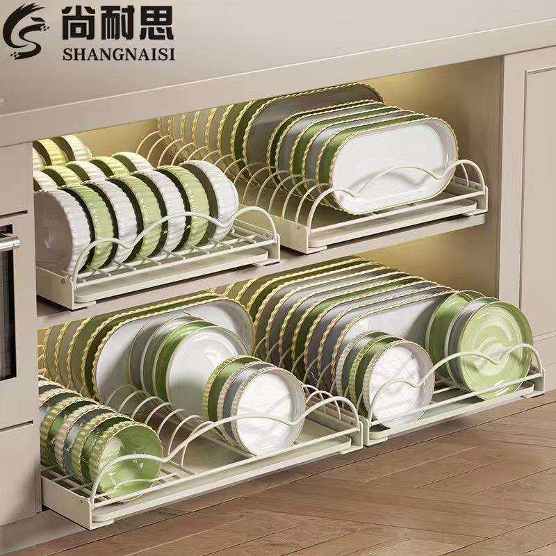 厨房橱柜沥水拉篮收纳碗抽拉置物架抽屉式免安装收纳架奶油风碗架
