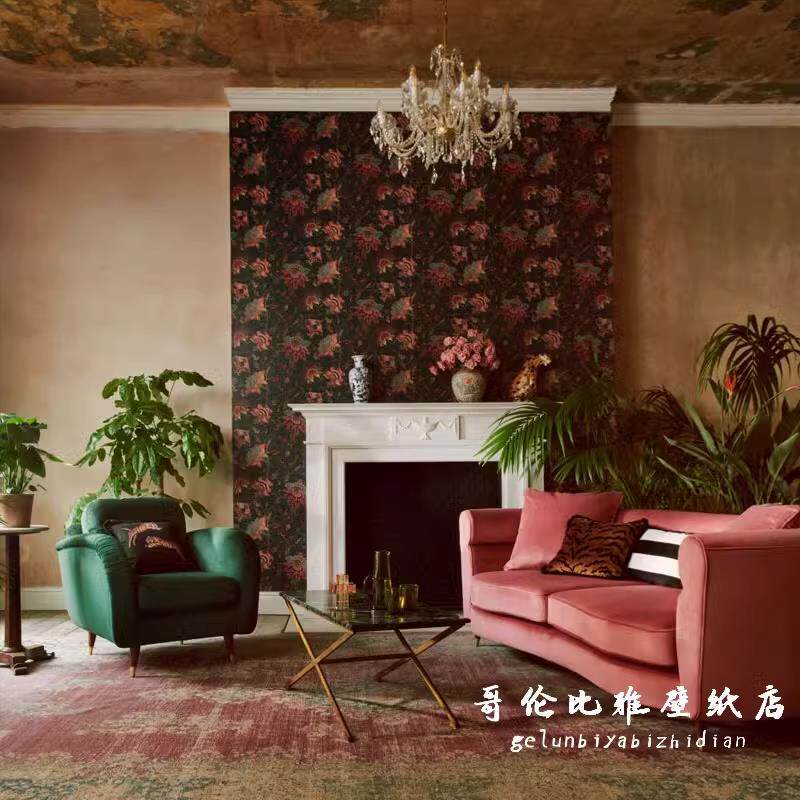 瑞典酒红色壁纸法式复古花朵墙纸卧室美式花卉背景墙定制壁画墙布