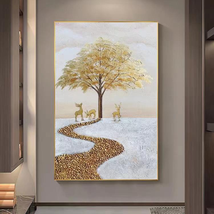 纯手绘抽象风景发财树装饰画现代简约客厅玄关挂画肌理落地油画