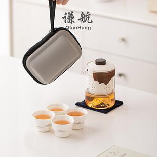 玻客璃旅qh3412便行具套装 收纳包户外露营泡茶壶快茶杯一壶四 携式