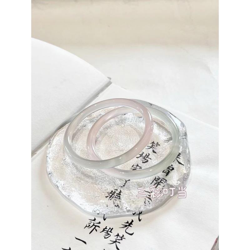 天然叮当镯一对冰种荔枝冻粉冰玉髓玛瑙细圆条白月光玉镯送情人礼