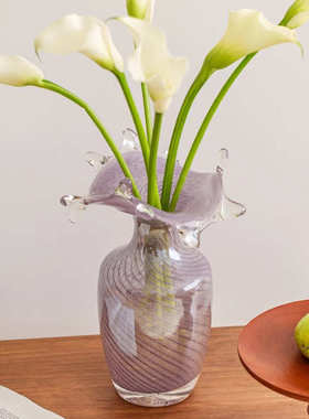 高级感紫色水滴玻璃花瓶摆件法式中古客厅桌面水养插花装饰品花器