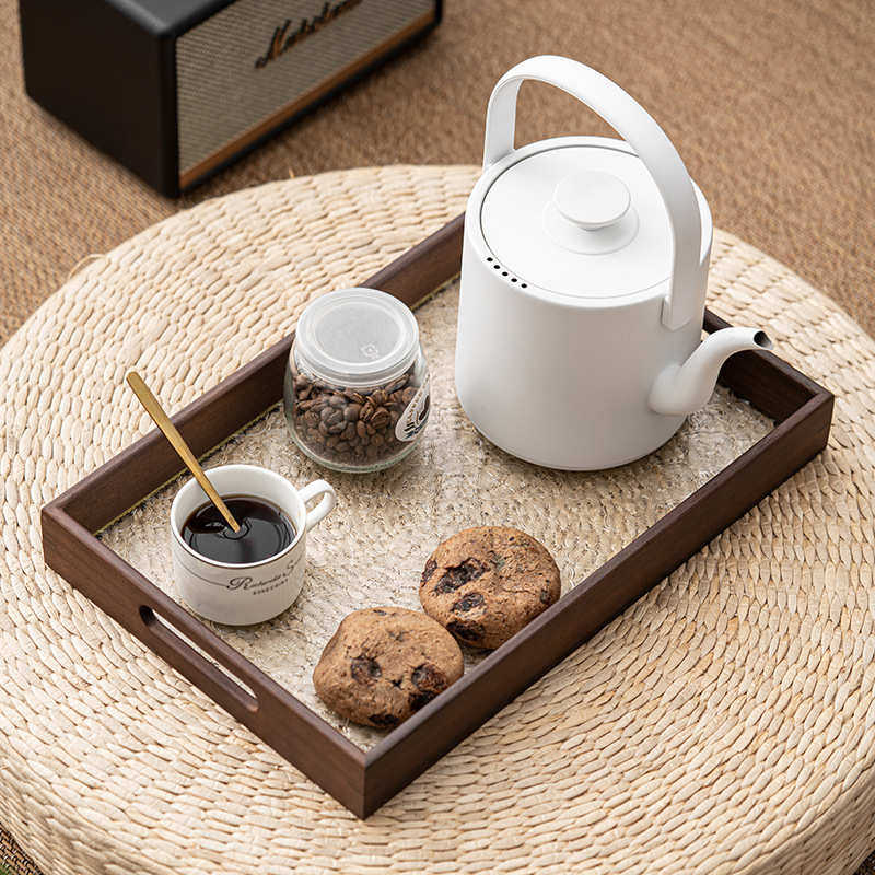 窗花玻璃长方形托盘家用胡桃木质茶盘茶杯茶壶收纳水果甜品点心盘