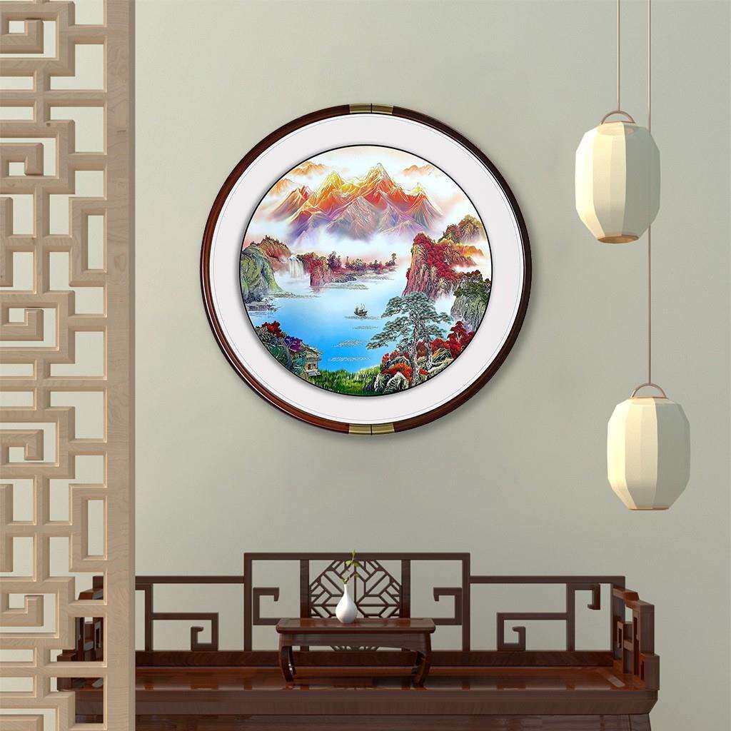 荔枝九鱼图客厅玄关装饰画圆形框餐厅走廊挂画新中式铜雕画