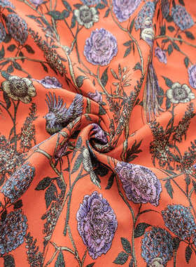 橙色鲜艳花鸟风景图撞色面料复古油画感女装春秋花束包花装饰布料