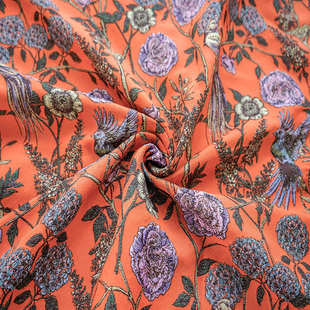 橙色鲜艳花鸟风景图撞色面料复古油画感女装春秋花束包花装饰布料