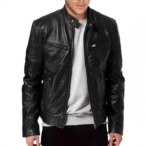 Men's leather jacket, leather chain pocket, standing
