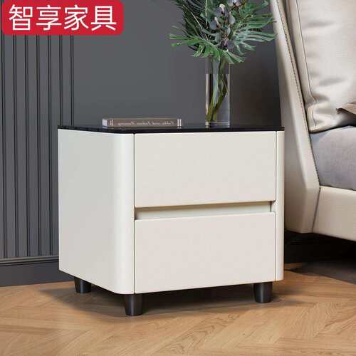 卧室密码锁床头柜奶油风简易小型床边柜免安装实木家用岩板收纳柜