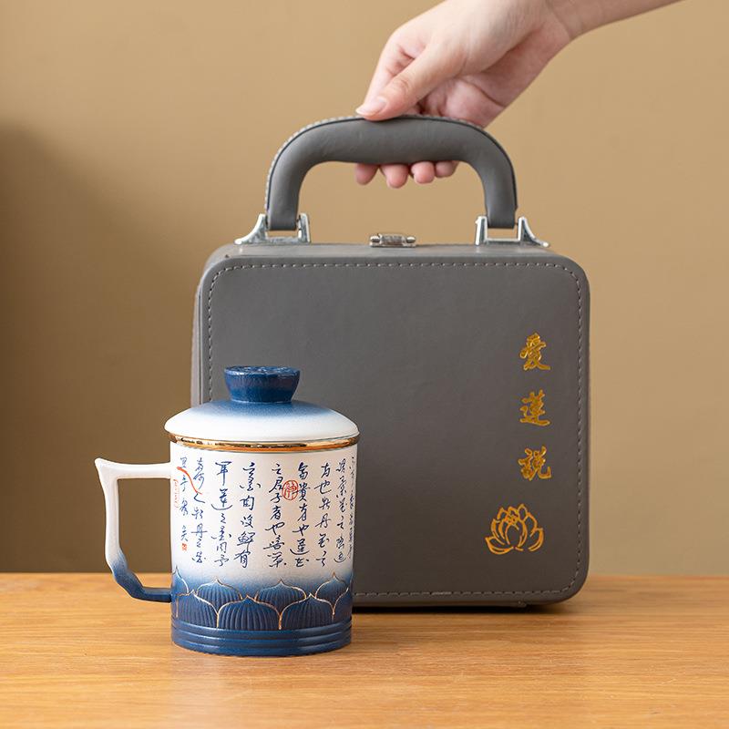 爱莲说心经茶杯羊脂玉白瓷茶水分离杯个人专用带盖过滤泡茶杯茶具