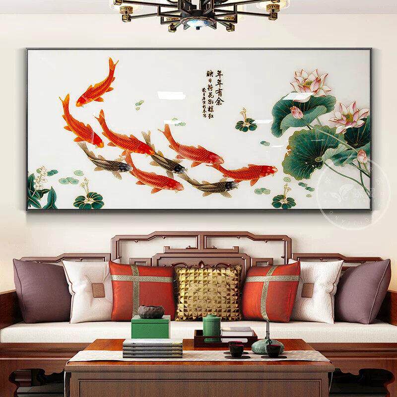 中式客厅沙发背景墙装饰画纯手工掐丝珐瑯彩装饰画九鱼图荷花挂画