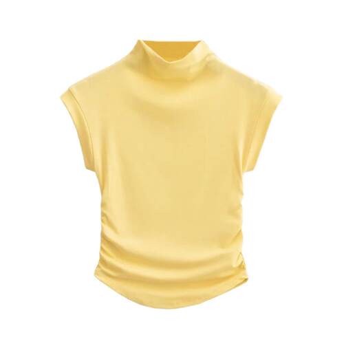 Curved short top with two side hems, half high collar and