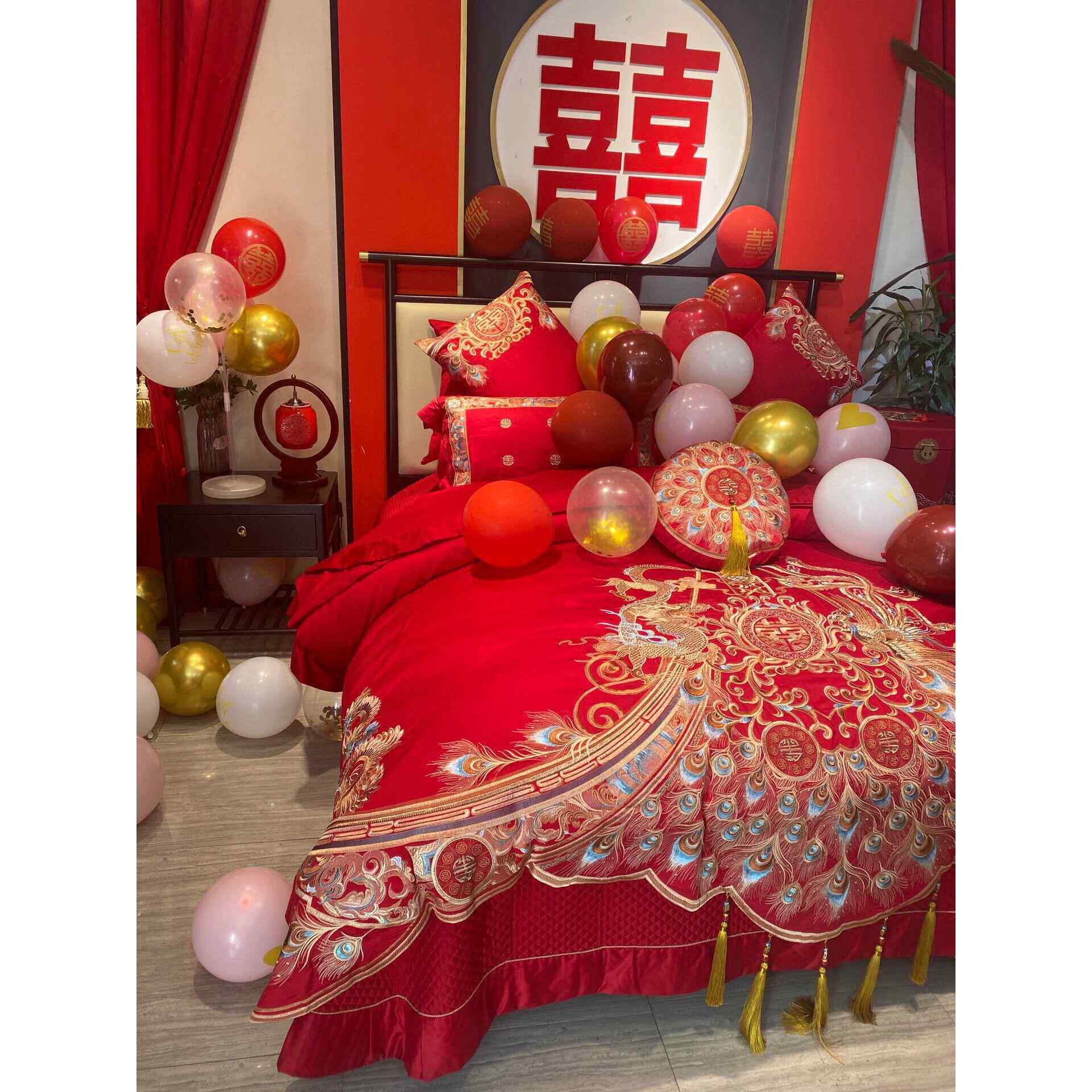 婚庆四件套大红色床单全棉龙凤绣花喜被套贡缎婚房提花结婚床上用