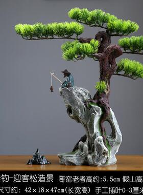 迎客松玄关柜罗汉松鱼缸装饰摆件