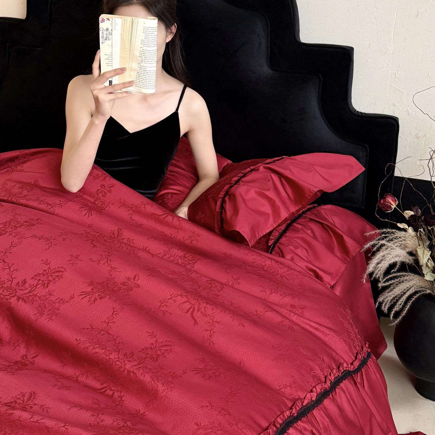 新中式婚庆四件套全棉贡缎提花被套结婚大红色床单长绒棉床上用品