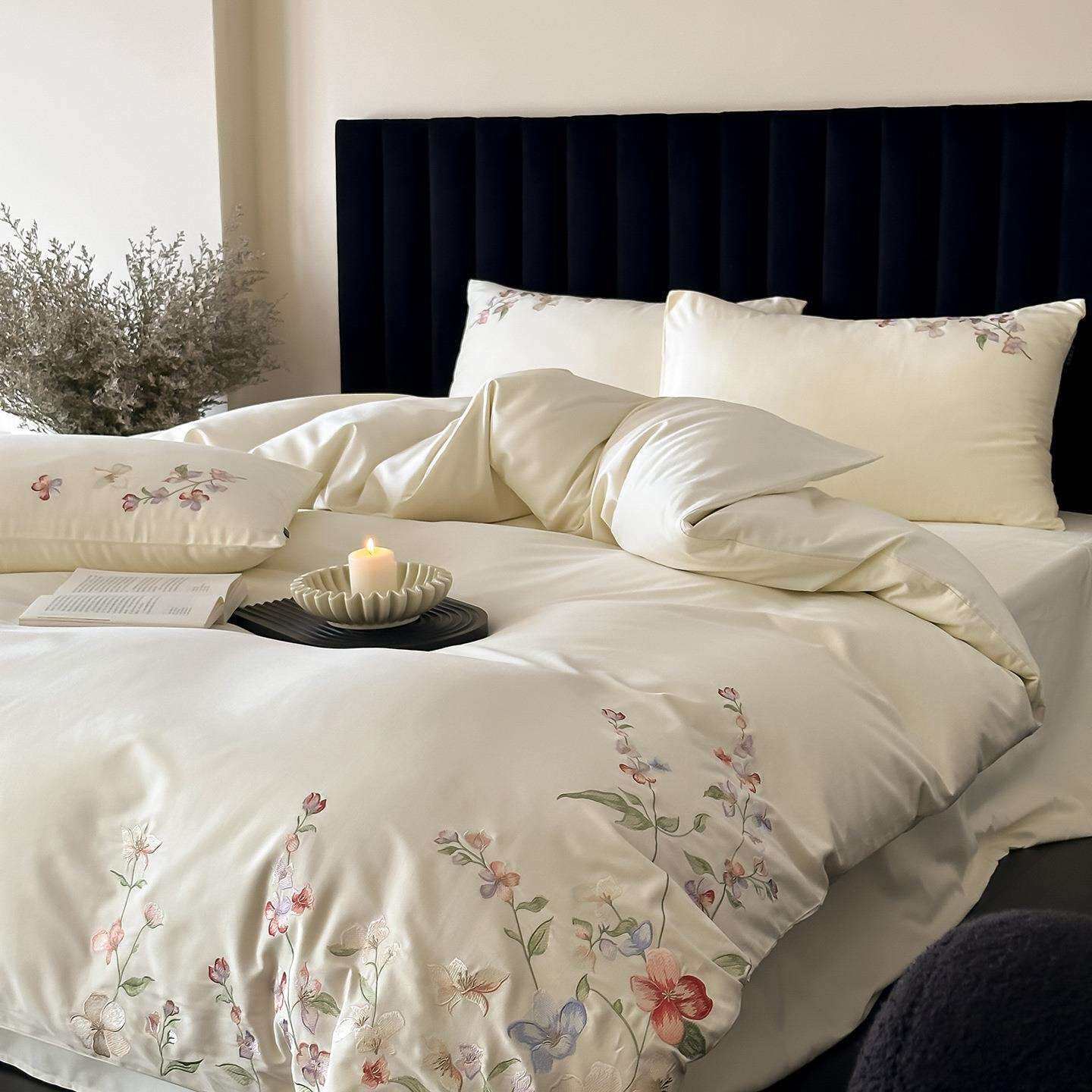 小清新韩式田园风秋冬季全棉磨毛四件套花卉刺绣被套床上用品白色