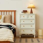 W8奶油风斗柜实木客厅收纳柜法式 卧室床尾斗柜沙发旁靠墙边柜五斗