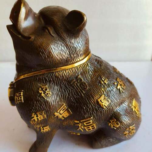 仿古鎏金铜猪摆件古玩收藏福猪做旧客厅玄关家居室内装饰工艺品