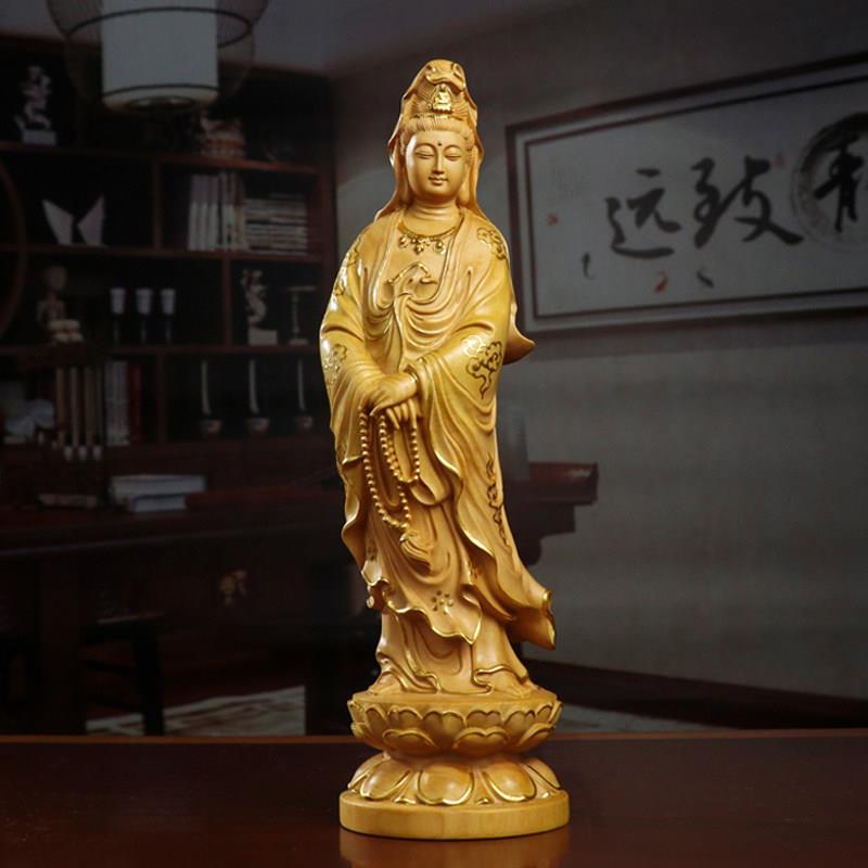 黄杨木雕摆件中式家居客厅木质雕刻手工艺品佛像拿珠观音菩萨